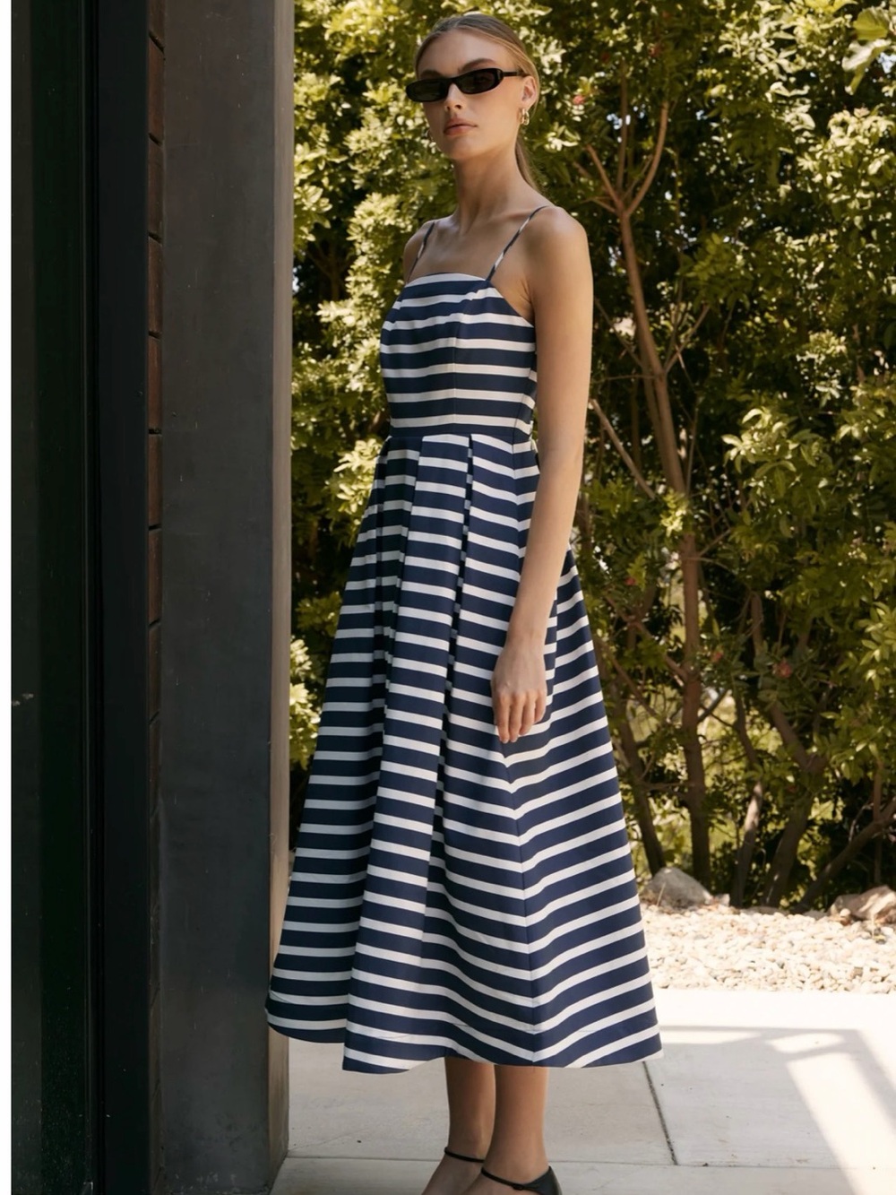 English Factory Striped Pleated Midi Dress